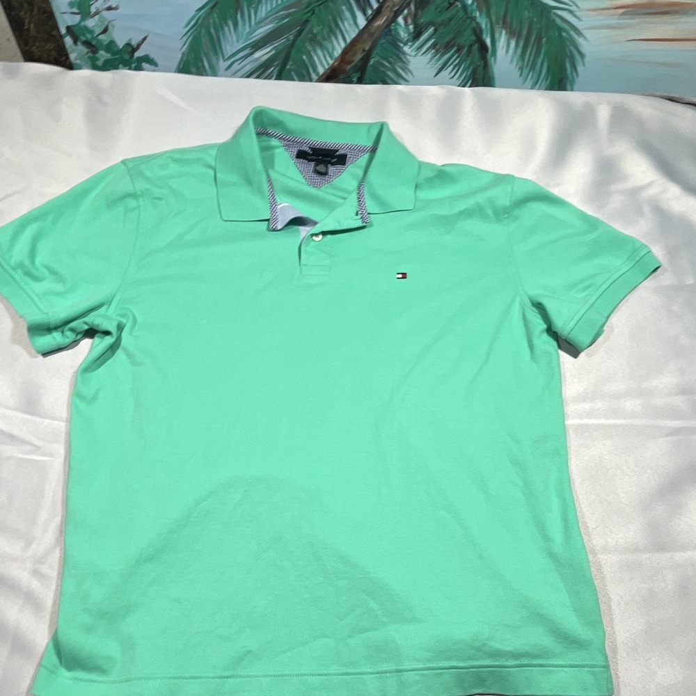 Tommy Hilfiger Mens L Regular Green Solid Polo Shirt Short Sleeve Collared Logo